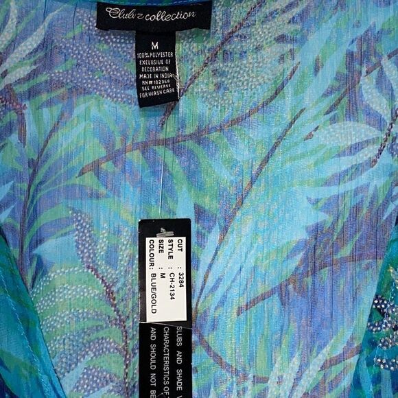 Club Z Collection Women's Blue Gold Tropical 3/4 Sleeve Swim Cover-Up Medium NWT - Picture 5 of 8
